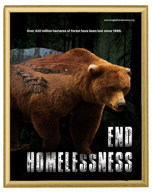 A bear is seen from the side with a forest fading in along his backside blending with his fur.